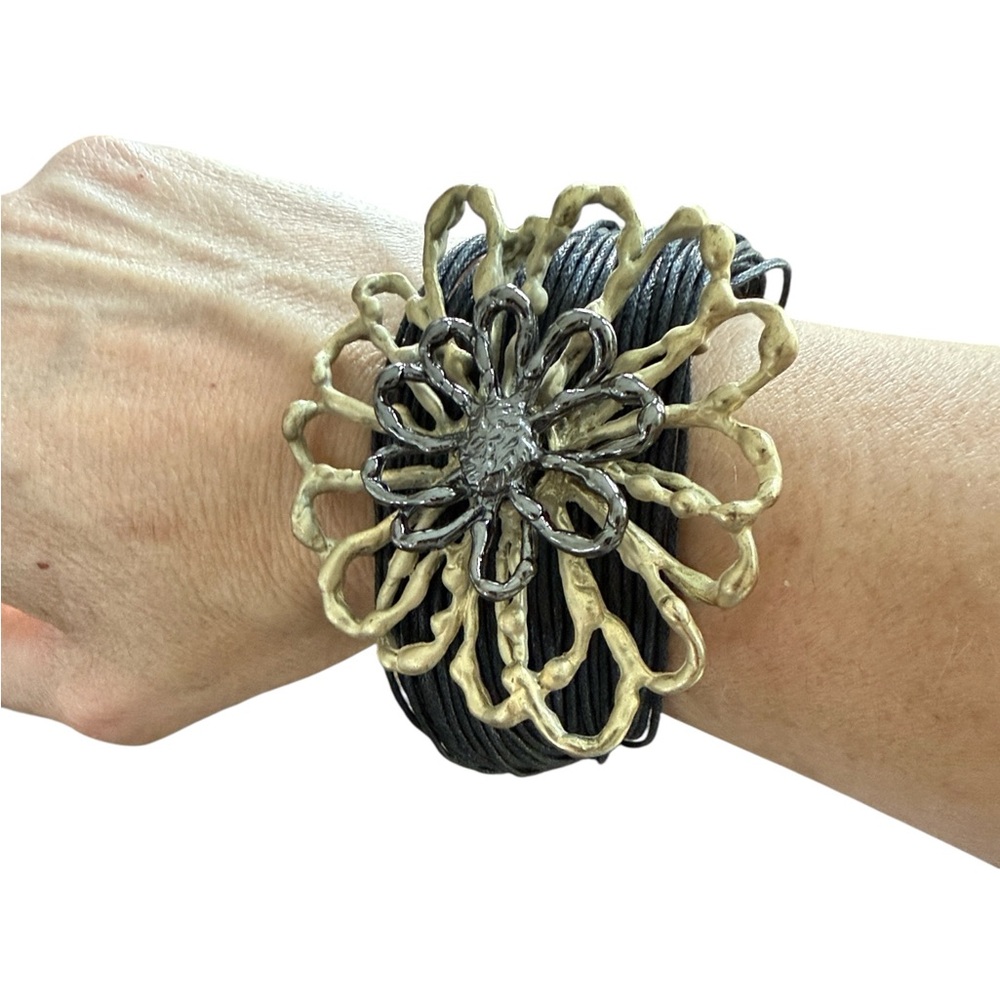 Multi Strand Black Chord Bracelet w Gold And Silver Toned Floral Medallion